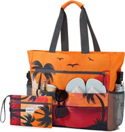 Borsa da spiaggia grande impermeabile per donne con tasca con cerniera e tasca per trucco - Disegno tramonto 35L