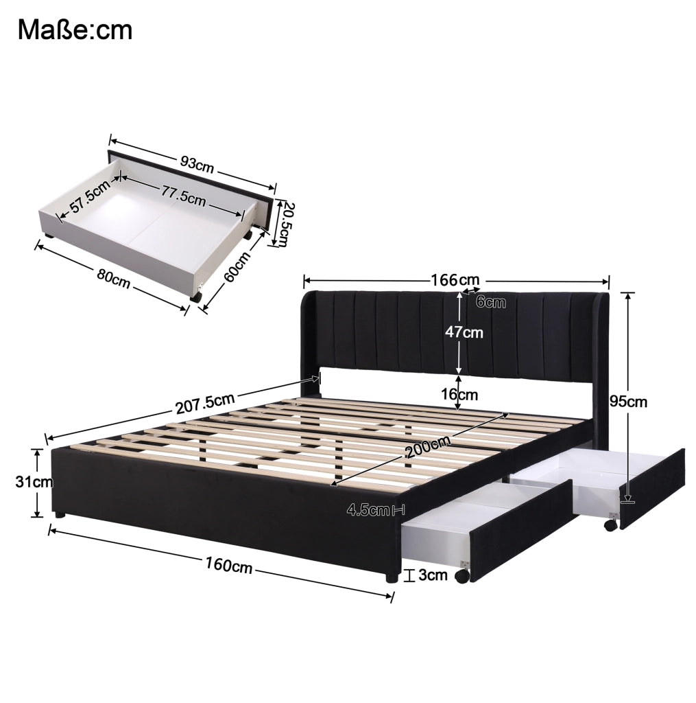 Letto imbottito 160x200 cm con 2 cassetti e rete a doghe; velluto nero