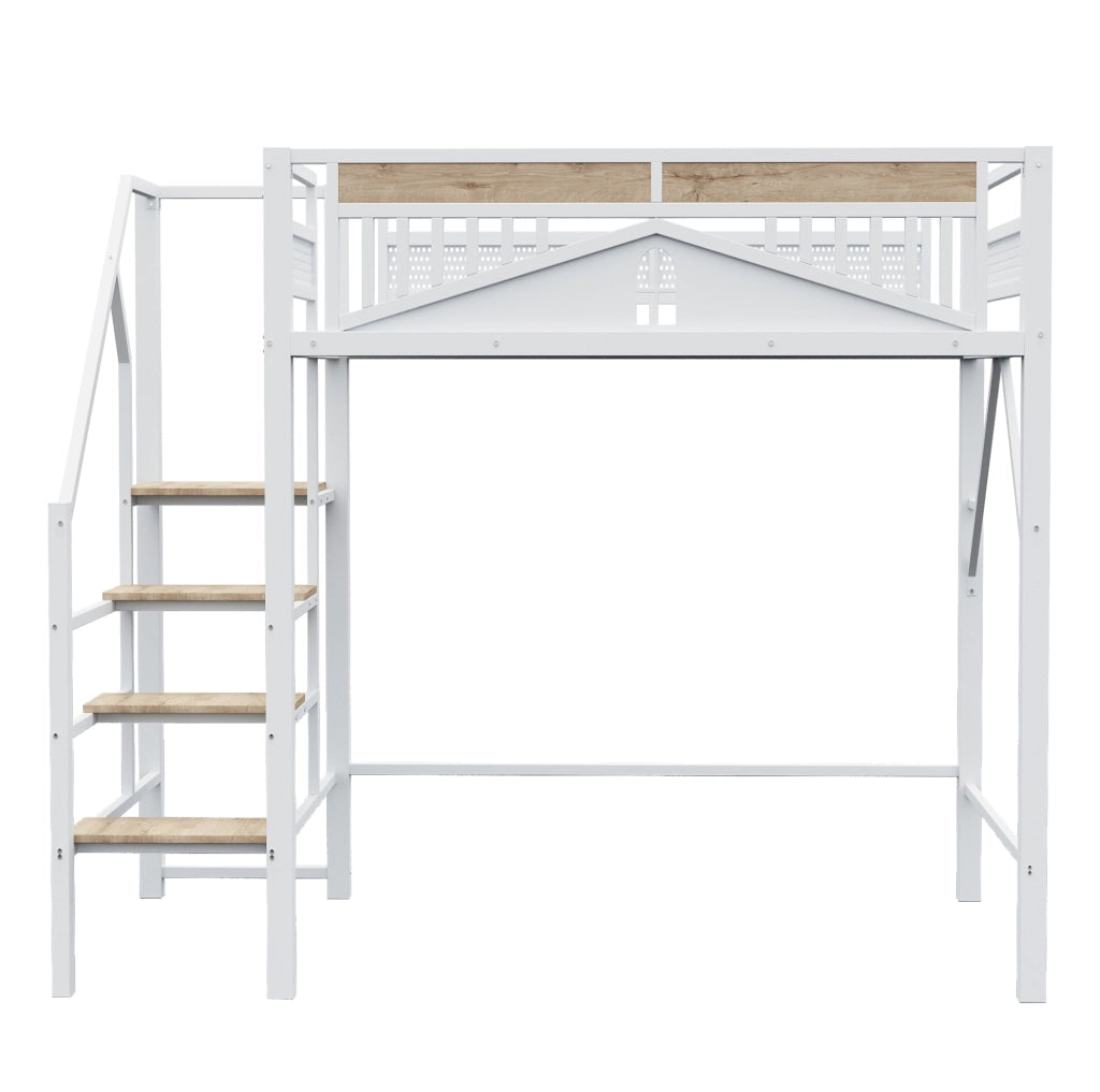 Letto a soppalco in metallo 140x200 cm con scala di sicurezza e spazio sotto il letto; bianco