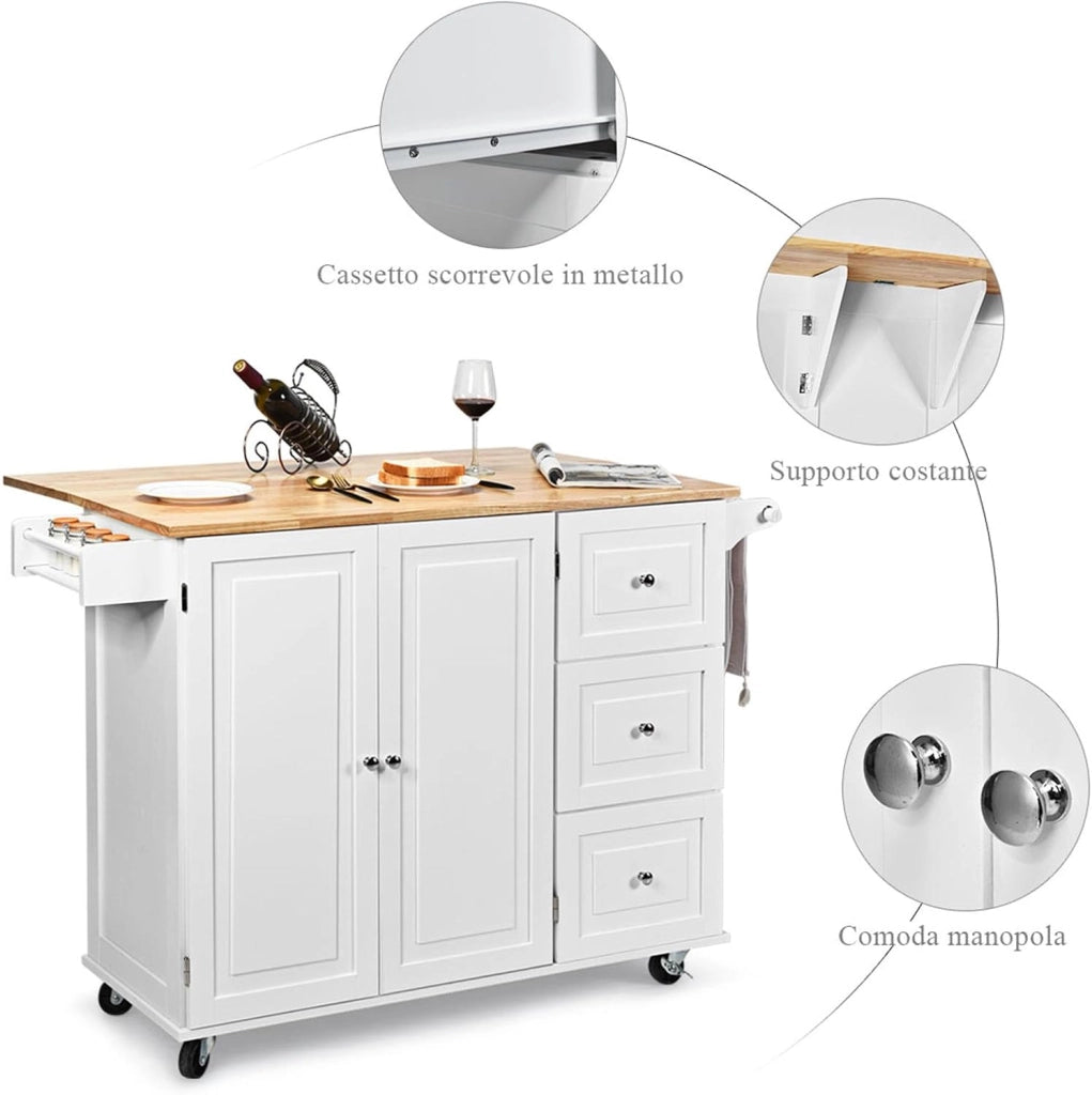 Carrello da Cucina in Legno, Credenza Cucina Salvaspazio con Mensole Regolabili, Armadietto per Microonde con Cassetti, 136 x 76 x 91 cm (Bianco)