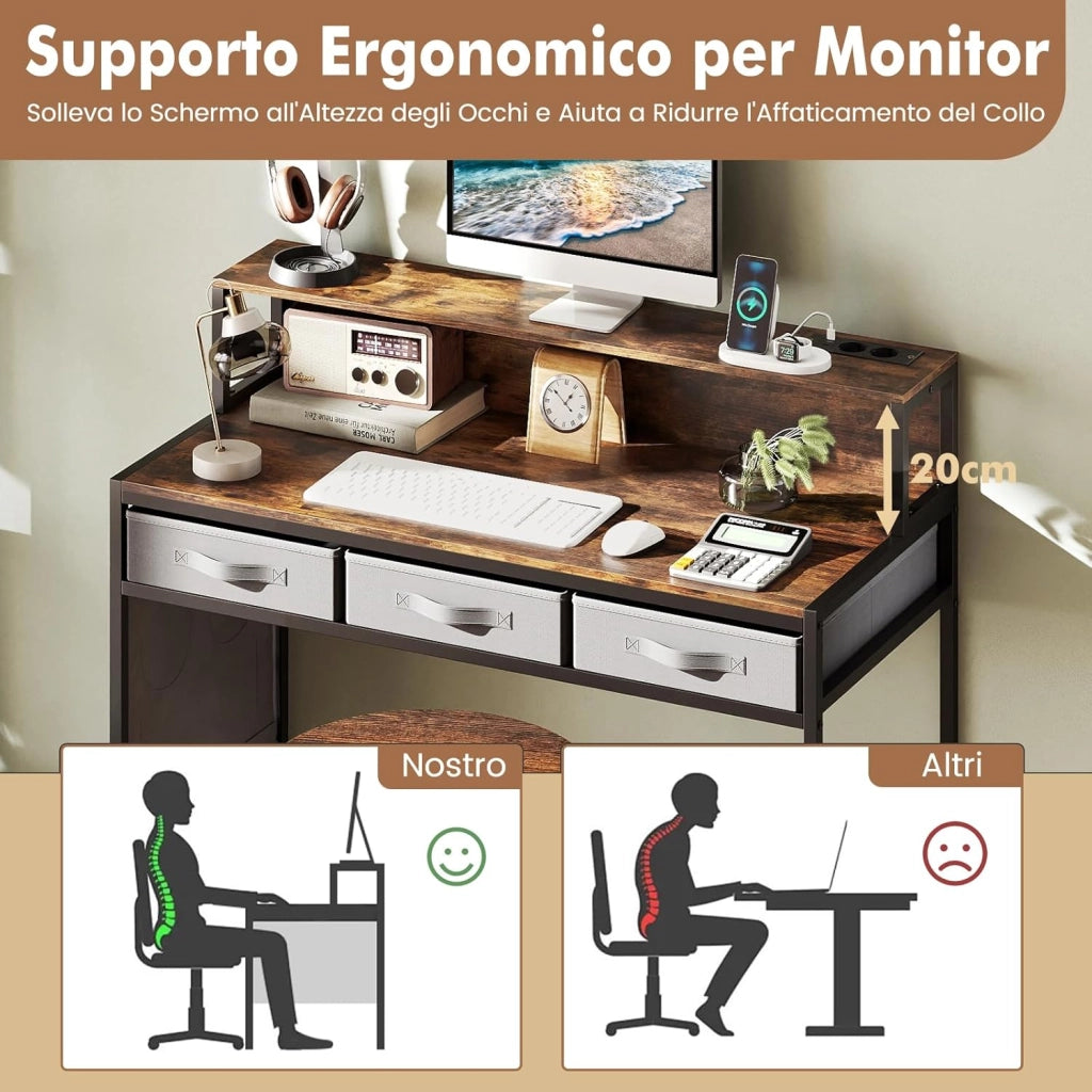 Scrivania per Computer con Supporto Monitor, Set Scrivania Salvaspazio con Sgabello, 3 Cassetti, Tasche Laterali, Stazione di Ricarica, Set Toeletta Trucco per Soggiorno Studio (Marrone)