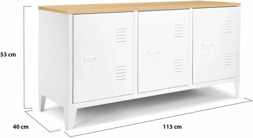 Credenza bassa ESTER 113 cm con 3 ante in metallo bianco e piano in legno dal design industriale