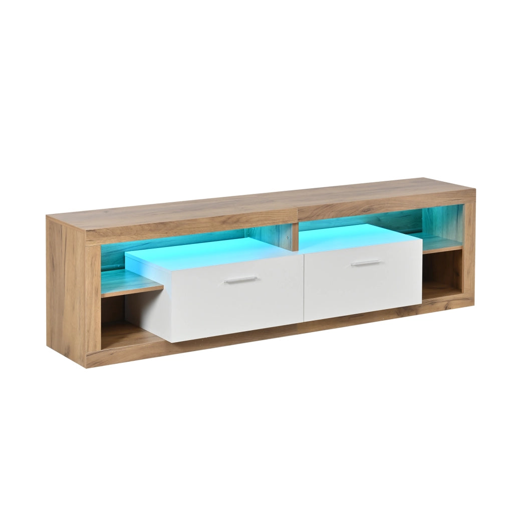 TV-Schrank 180x35,5x50 cm con LED controllati da app, 2 cassetti, 4 vani aperti, portata 30 kg, colore naturale e bianco