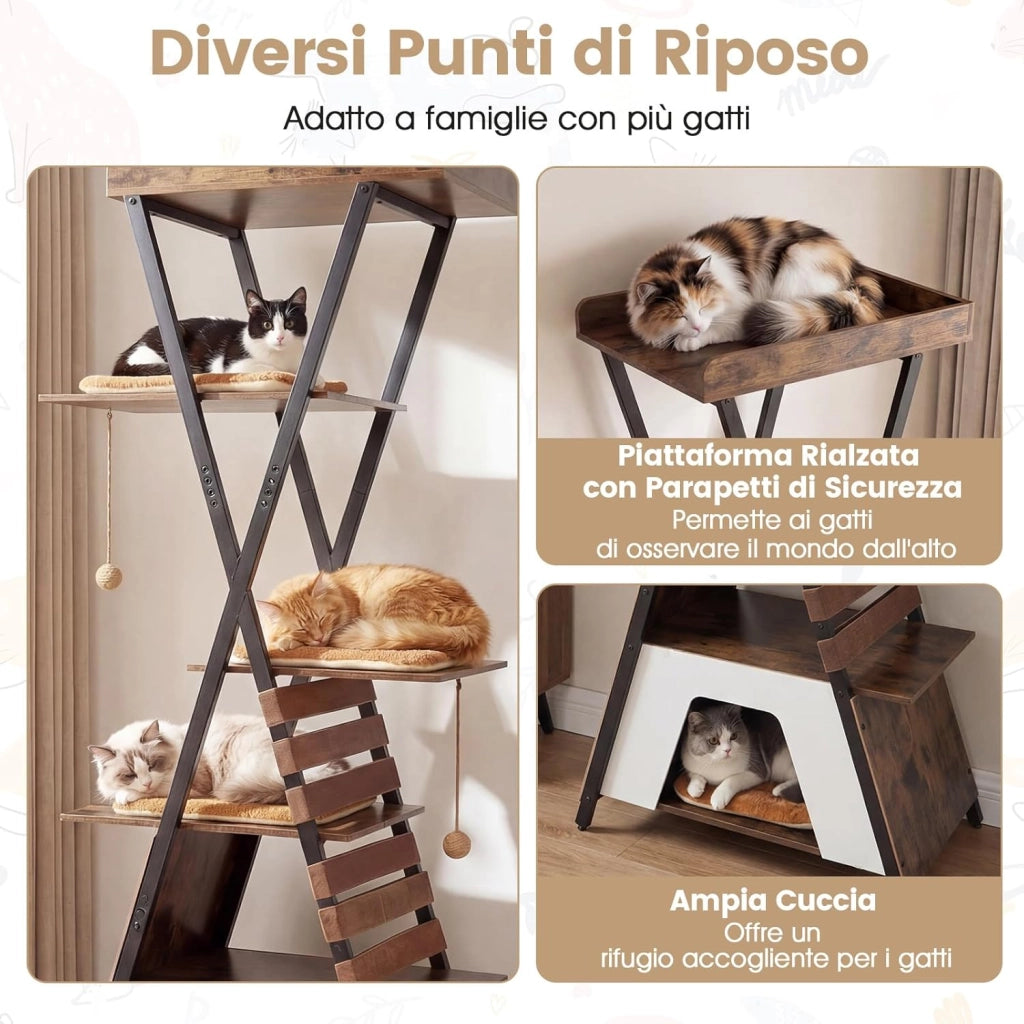 Tiragraffi per Gatti Grande, Albero per Gatti Multilivelli con 3 Pompon Pendenti, Elastici, Tappetino da Graffiare, Cuccia, Trespolo e 4 Cuscini Rimovibili, Centro Attività per Gatti