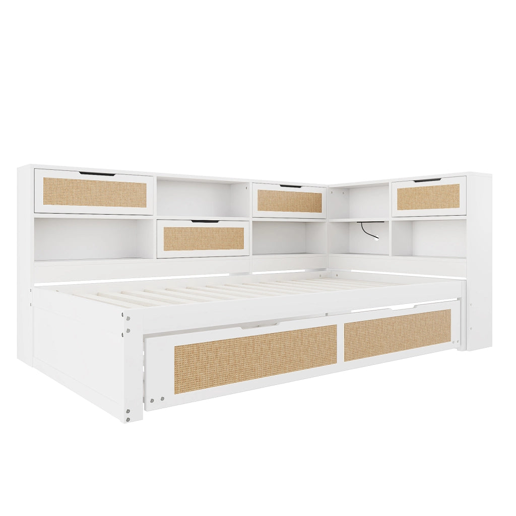 OKWISH Letto Divano 90×200 cm, Letto Singolo con Letto Estraibile 90×190 cm, USB, Prese e Contenitori, senza Materasso, in Legno, Bianco