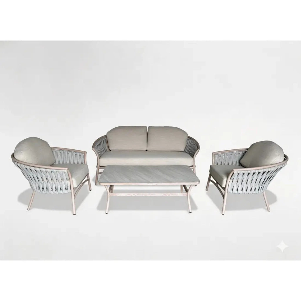Set da giardino 4 posti in alluminio beige con corda e tavolino – ROTINIA