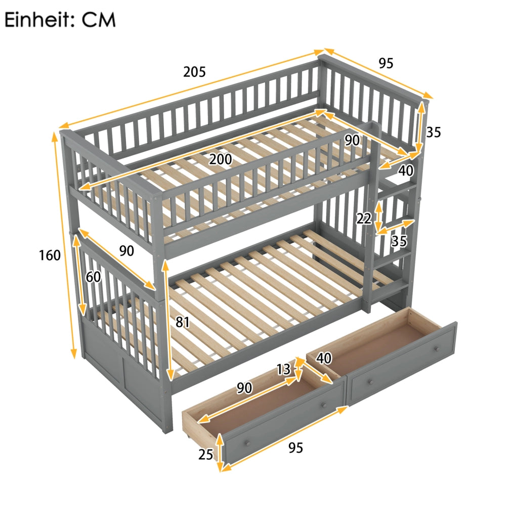 Letto a castello multifunzionale 90x200 cm con cassetti, grigio