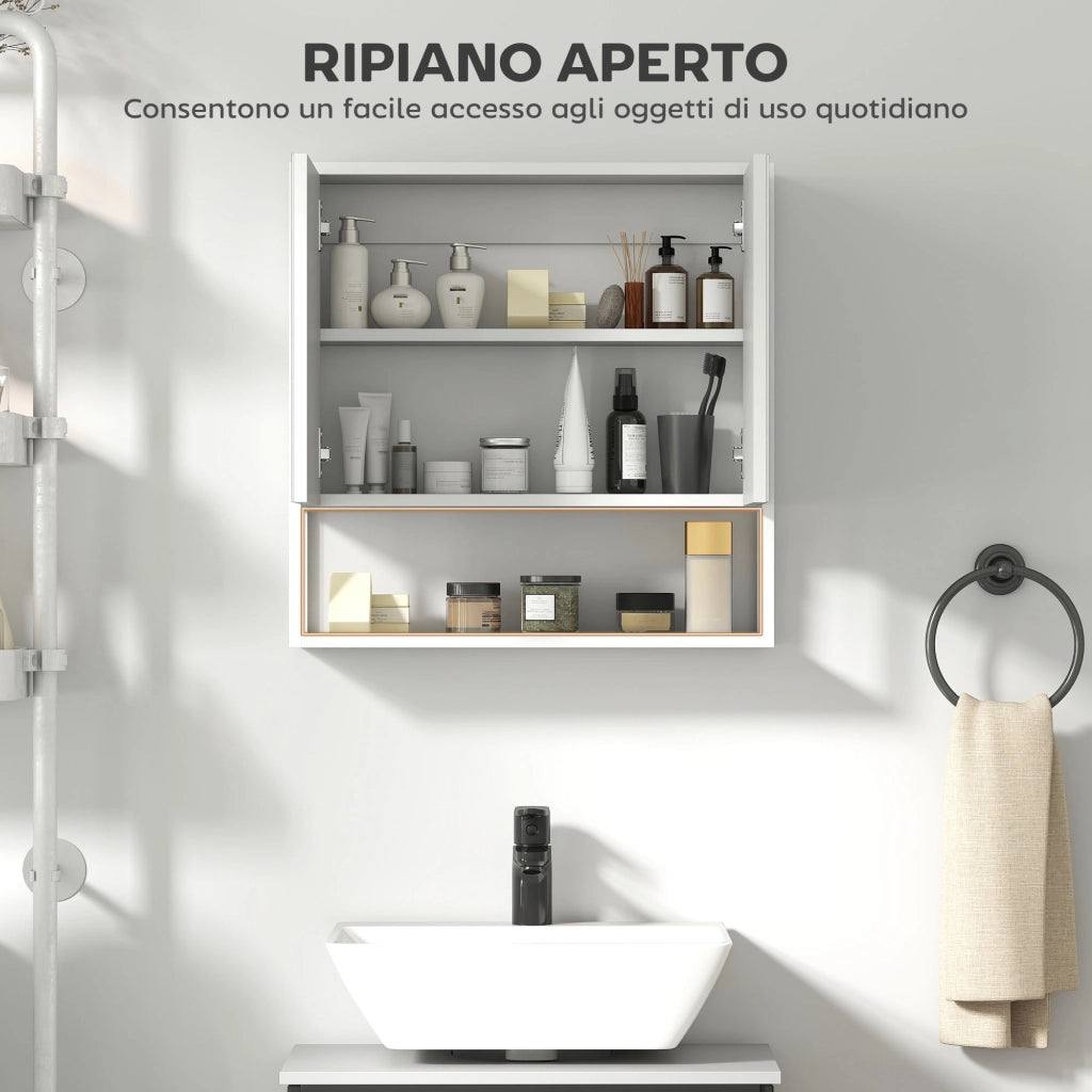 Mobile Bagno a Parete 60x16x60 cm con Specchio Armadietto e Ripiano Aperto in Legno Bianco