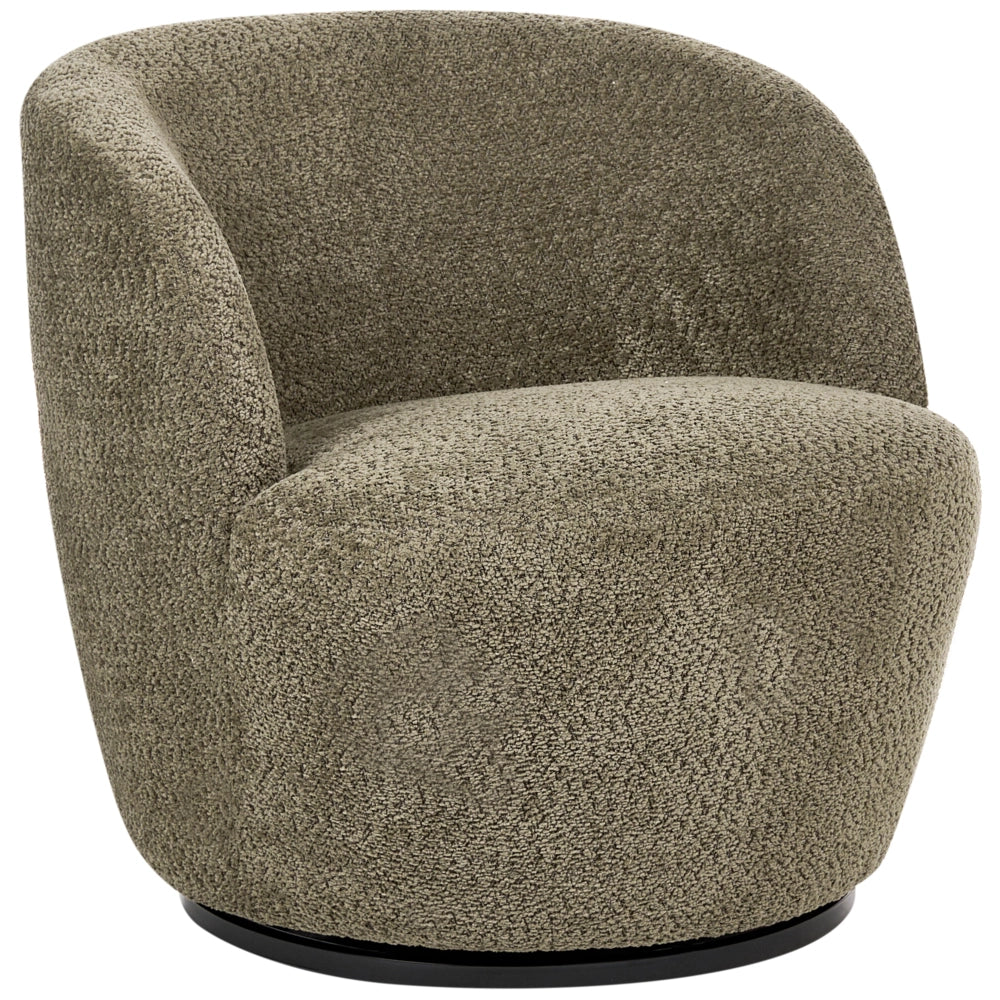 Poltrona girevole con rivestimento in ciniglia color verde scuro braccioli e seduta ampia per soggiorno stile moderno