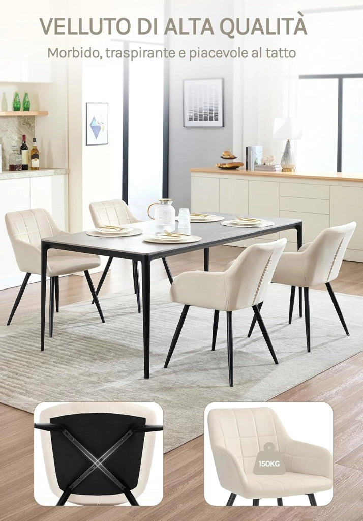 Sedia per Sala da Pranzo Imbottita, Poltroncina in Velluto,Sedia da Cucina con Braccioli e Schienale, Gambe in Metallo, moderne,Crema, BH93cm-1