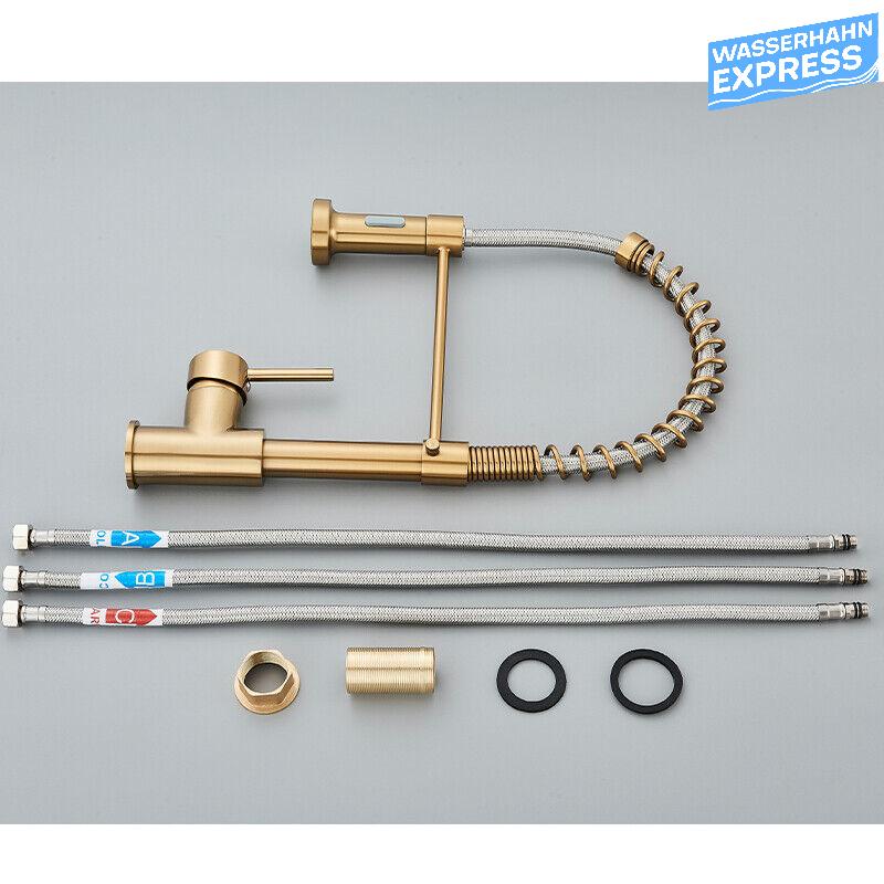 Bernd | Rubinetto gastronomia oro spazzolato molla | Caldaia cucina rubinetto acciaio inossidabile |miscelatore ruotabile 360° Bassa pressione 3 vie