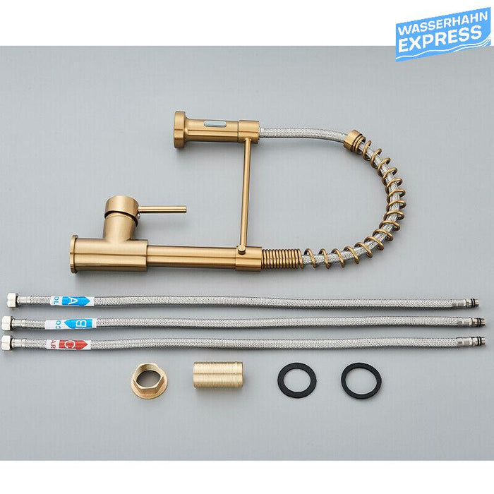 Bernd | Rubinetto gastronomia oro spazzolato molla | Caldaia cucina rubinetto acciaio inossidabile |miscelatore ruotabile 360° Bassa pressione 3 vie