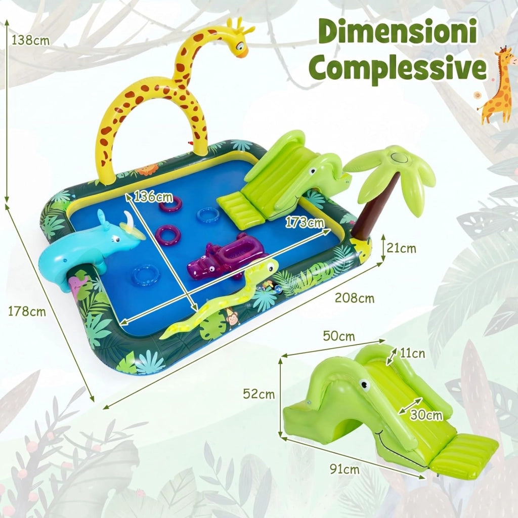 Piscina Gonfiabile Bambini, Parco Giochi Acquatico a Tema Giungla con Scivolo, Irrigatore a Arco, Gioco degli Anelli e 2 Toppe di Riparazione per Bambini 2-6 Anni, 208 x 178 x 138 cm