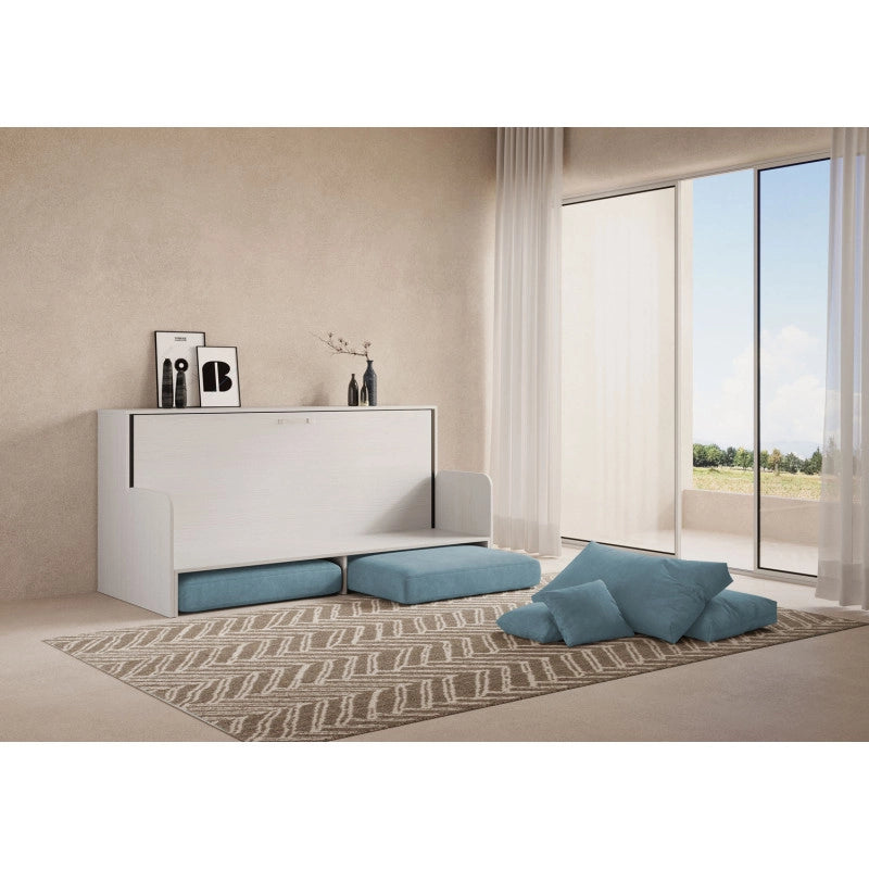 Letto singolo a scomparsa Kando con divano , azzurro - Bianco Frassino