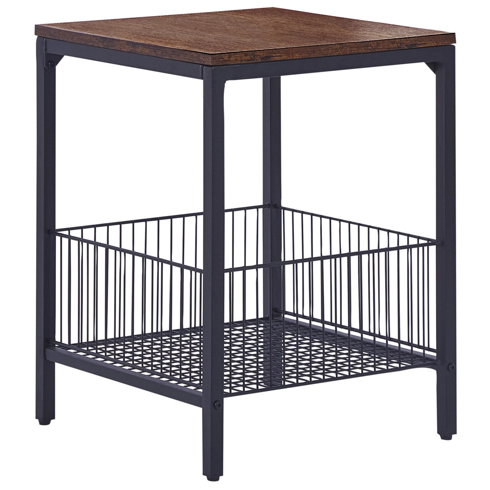 Tavolino in legno scuro con truciolare Nero ferro 55 cm cestello portaoggetti piano quadrato industriale soggiorno camera da letto