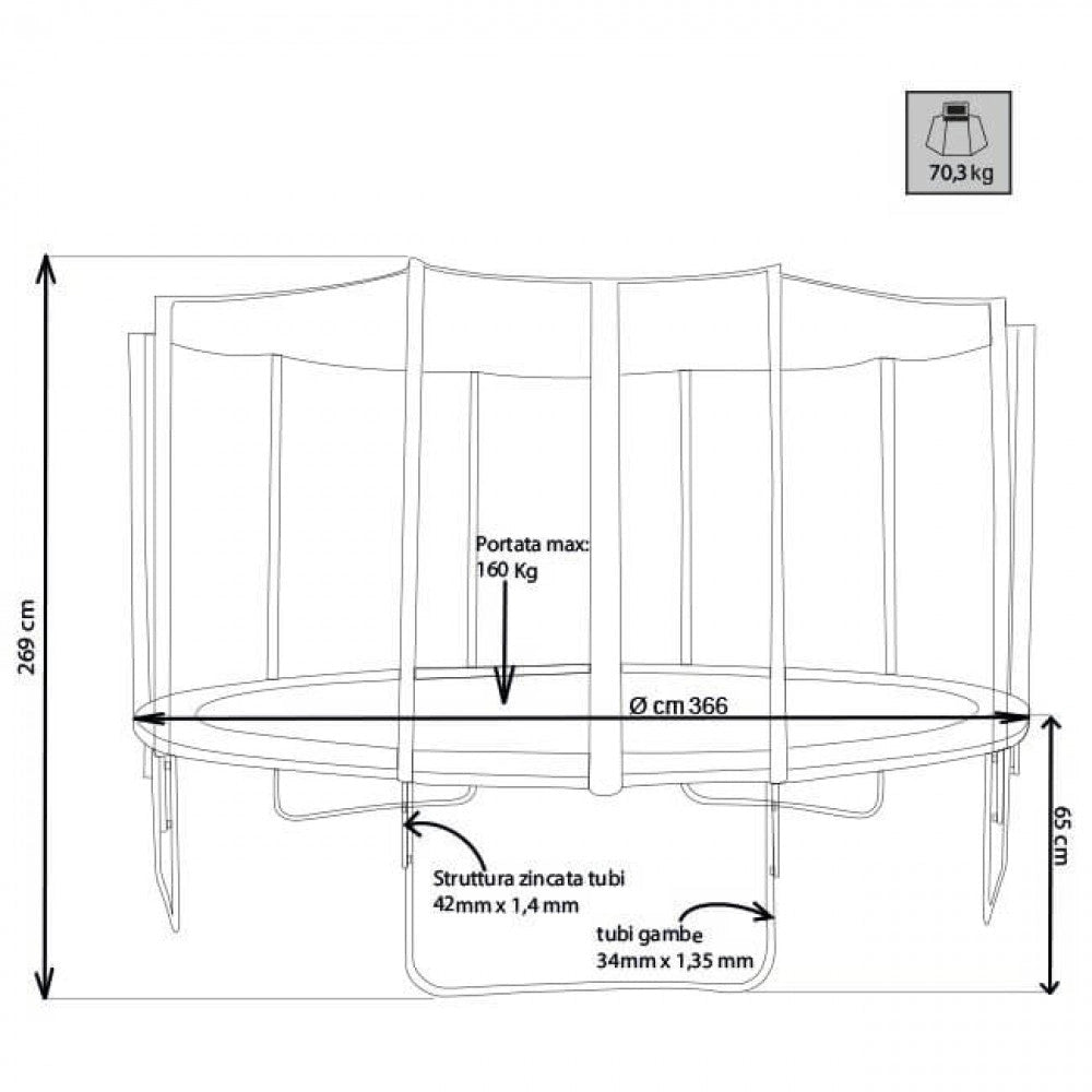 Trampolino Elastico con Rete Ø366x89/269 h cm in Plastica Blu