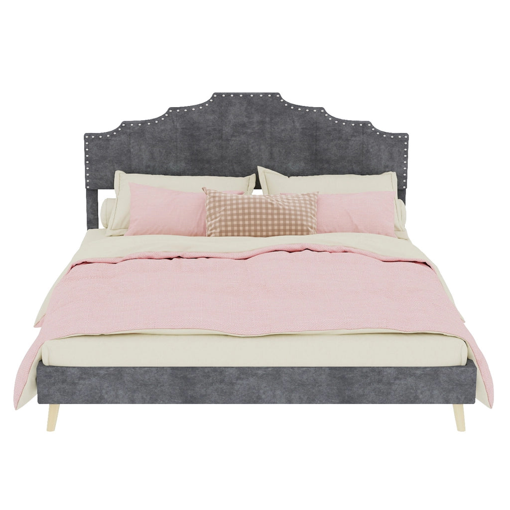 DESMIU Letto matrimoniale 160 × 200 cm con testiera geometrica, in tessuto, senza materasso, grigio