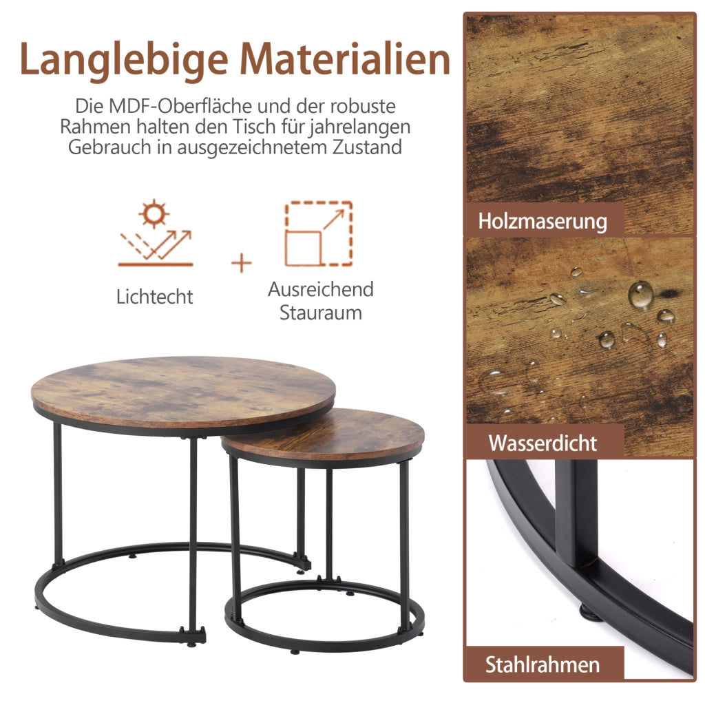 Set di 2 tavolini da caffè rotondi impilabili; MDF marrone; 50 x 70;5 cm e 45;5 x 44 cm