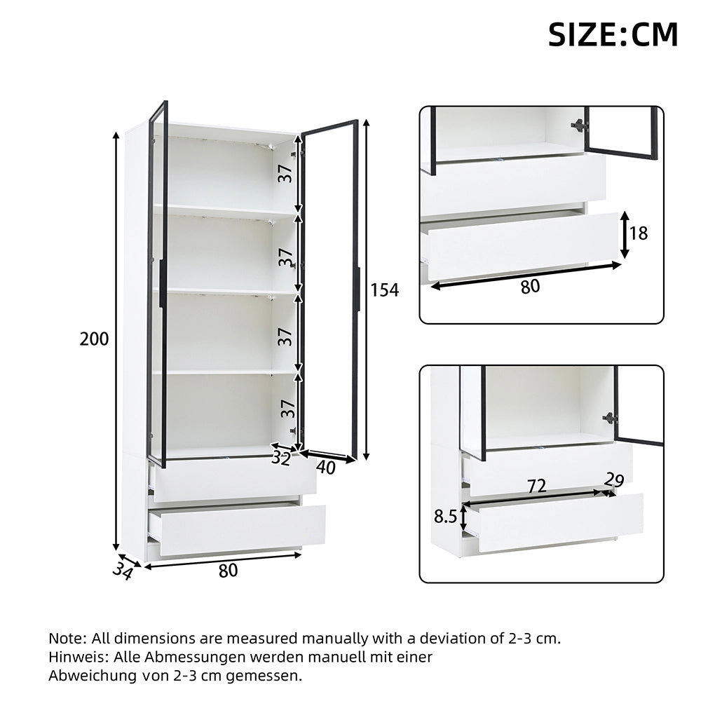 Vetrina 80x34x200 cm con LED - Xylo - 2 ante, 2 cassetti, struttura alluminio, bianco, per soggiorno