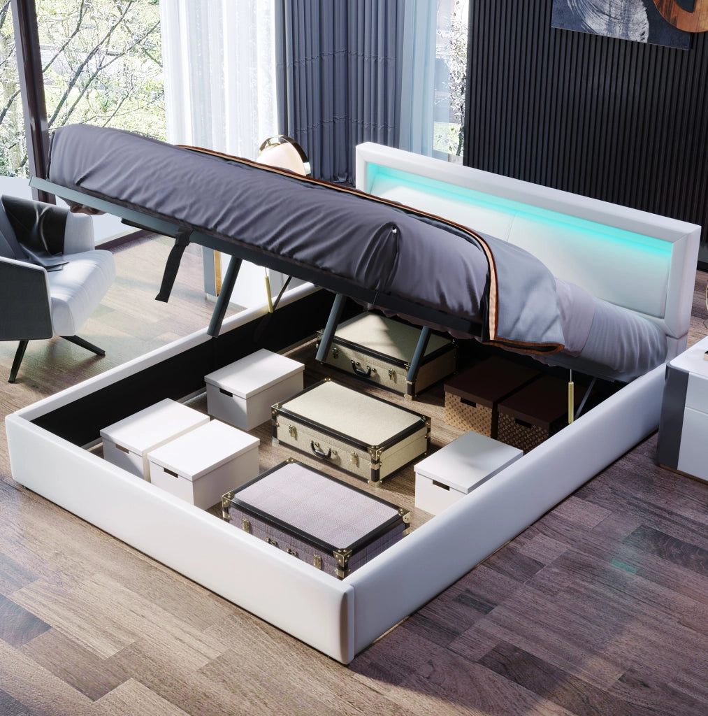 Letto imbottito con luce LED e contenitore 140 x 200 cm bianco