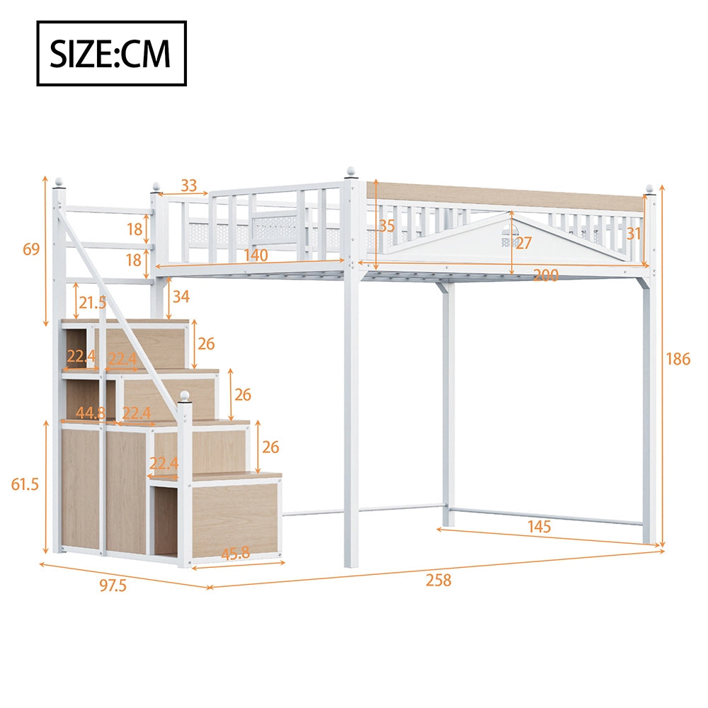 Letto a soppalco in metallo - Xylo - 140x200cm - Bianco - Barriera di sicurezza scala reversibile