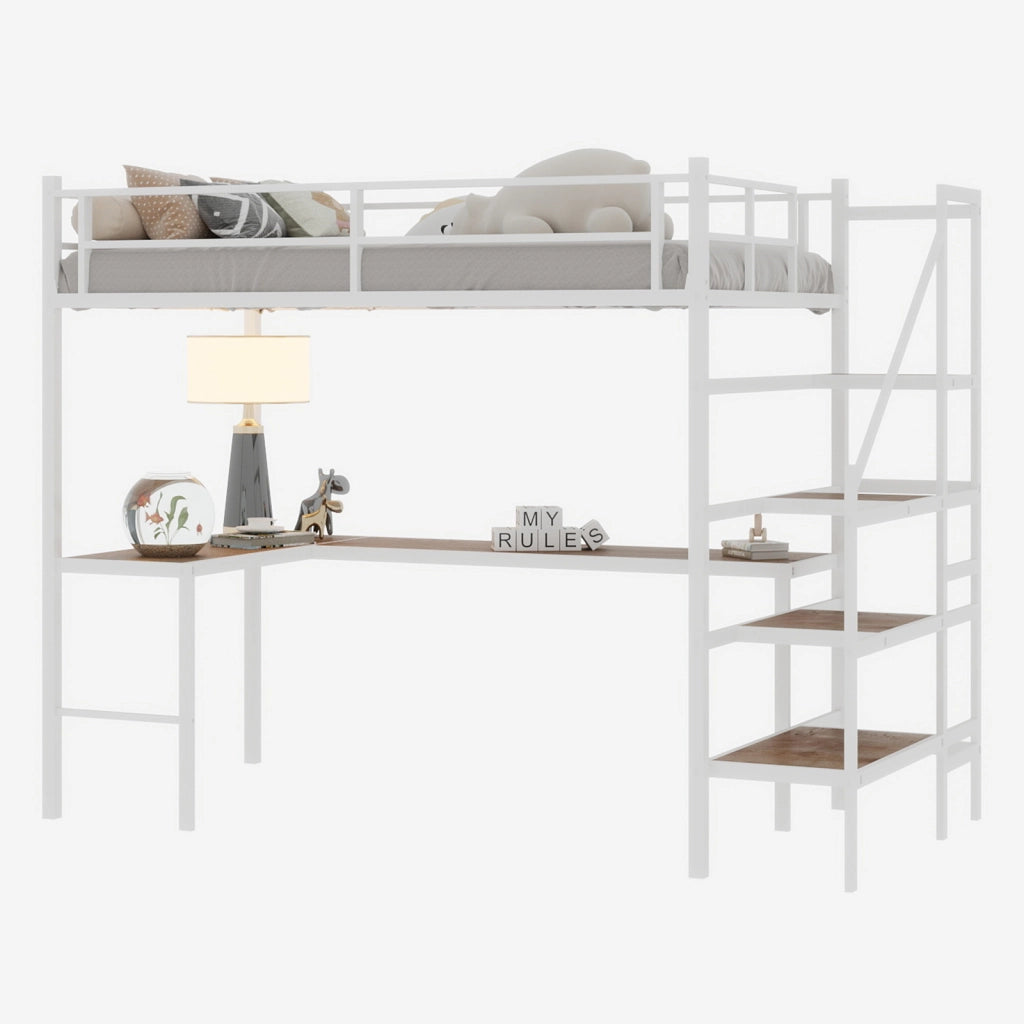 Letto a soppalco 90 × 190 cm con scrivania a L, ripiani e scala con vani, senza materasso, in ferro bianco