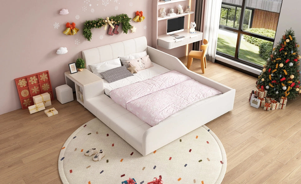 Letto imbottito per bambini con scrivania, sgabello e ripiano, tessuto velluto bianco 140x200 cm