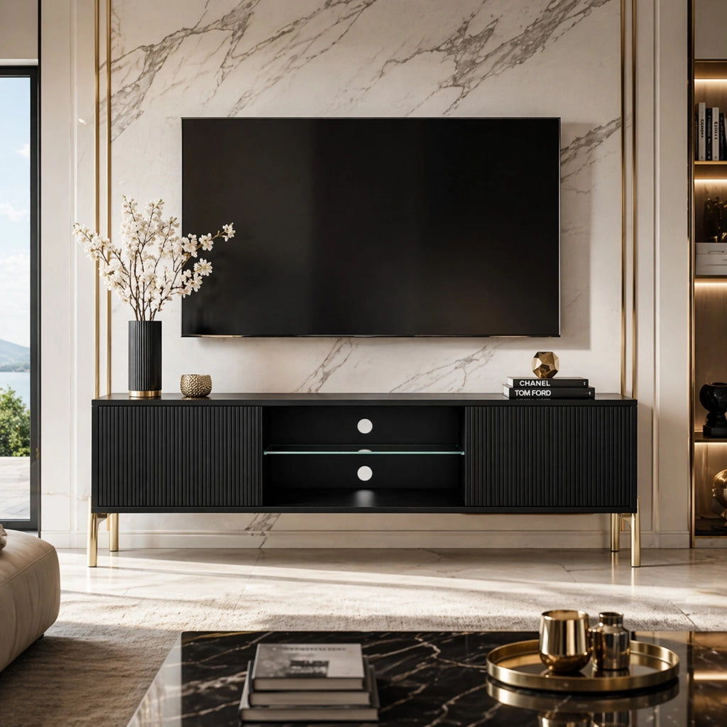 Mobile TV Moderno Con Due Ante Battenti Vano Centrale A Giorno Ripiano Vetro Passacavi Posteriori Melaminico Per Soggiorno Design Living Contemporaneo 135 X 31 X 47 Cm Nero