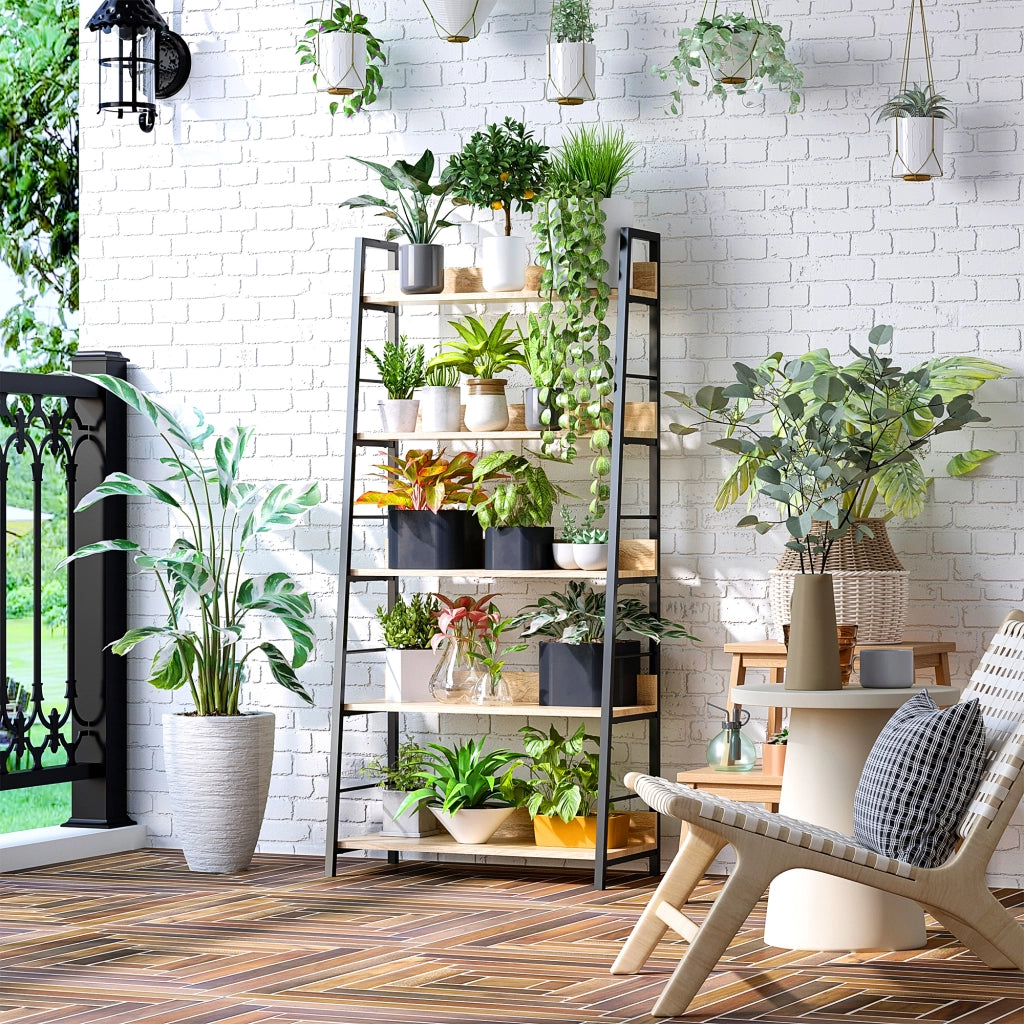 Libreria Industriale Inclinata 5 Livelli ¨C zephmum ¨C Rovere Chiaro Nero 70x35x150 cm