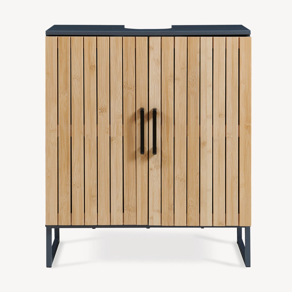 Mobile Sottolavabo Svanes a 2 Ante in Bambù e 3 Scomparti Chiusi 70 x 60 x 30 cm - Grigio Scuro/Naturale [en.casa]