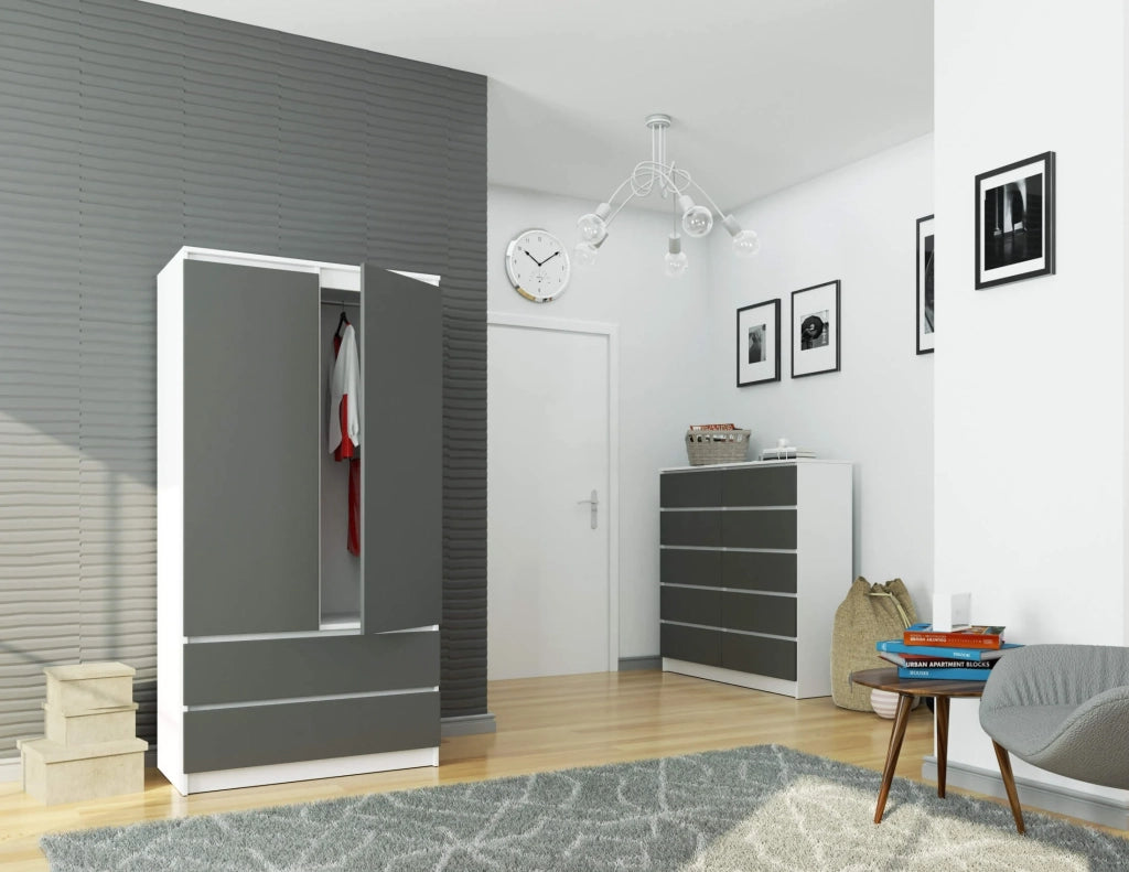 Armadio AKORD S90 Bianca 90 cm 2 ante 2 cassetti inserto frontale Grigio Grafite 90x51x180 cm