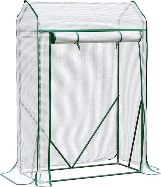 Serra a tetto a punta con porta a rotolo protezione UV per pomodori frutta fiori piante cortile esterno bianco 

Dimensioni: 100 x 50 x 150 cm