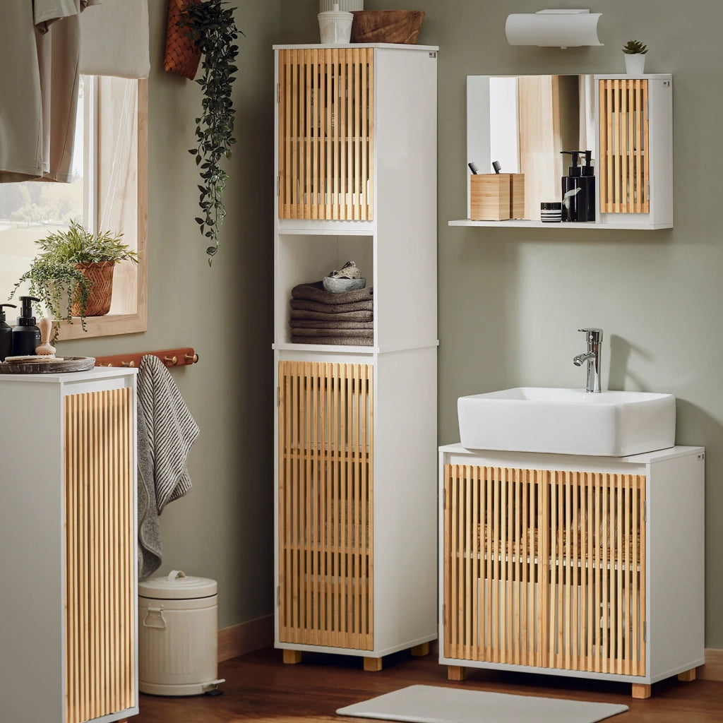 Mobile Sottolavabo Con Due Ante In Bambù Mobile Base Mobiletto Del Bagno Senza Lavandino Bianco-Naturale 60x33x60cm BZR125-W SoBuy