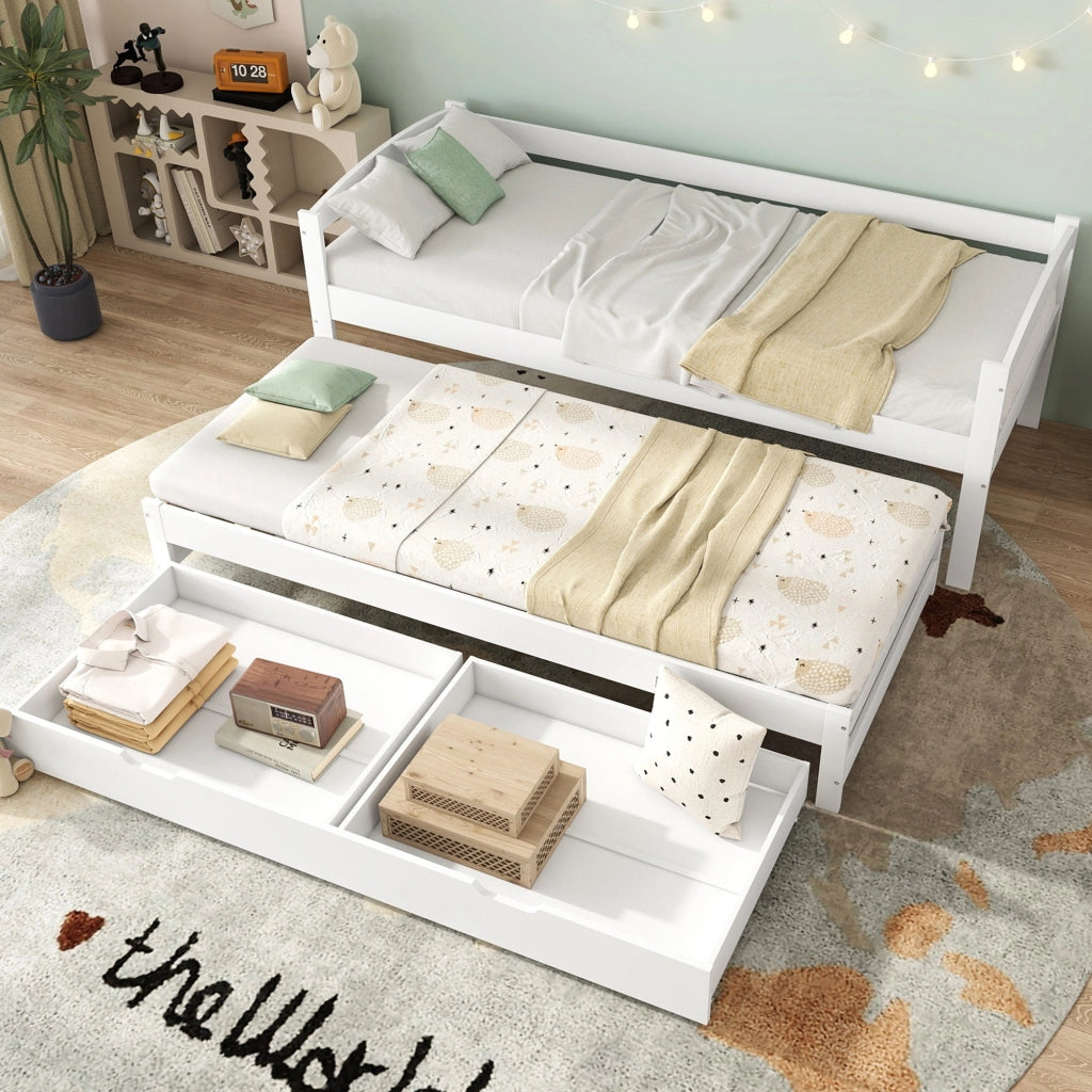 Letto a scomparsa singolo e matrimoniale con letto estraibile, 2 cassetti in MDF, struttura in legno massello bianco