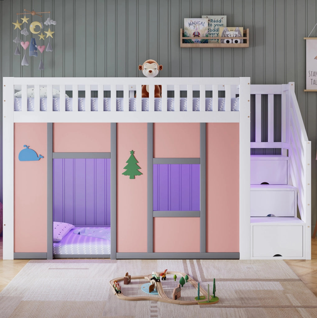 Letto a soppalco ULEVR 90x200 cm bianco e rosa con scala contenitore, LED e area gioco