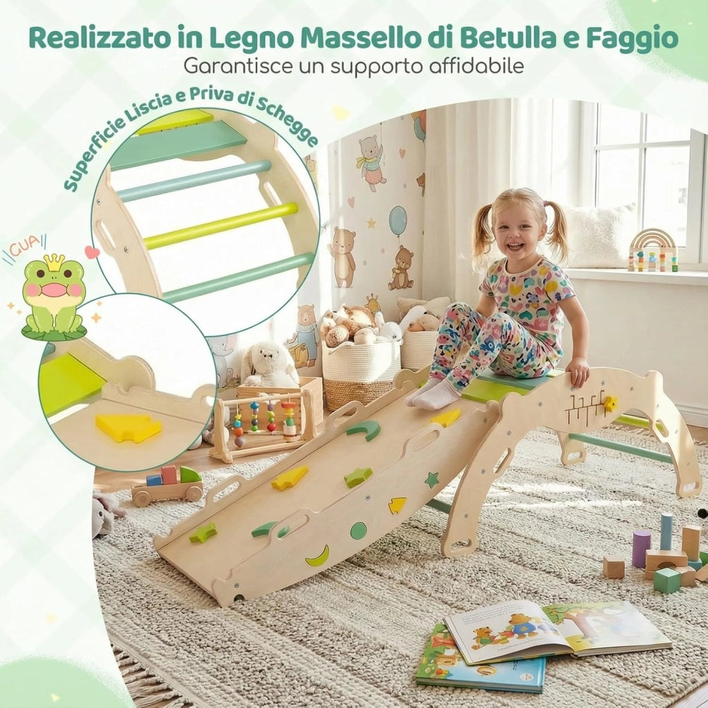 7 in 1 Set da Arrampicata per Bambini, Giocattoli da Arrampicata in Legno con Rampa Scala e Arco, Gioco del Labirinto, Giochi Montessori per Bambini 1 Anni + (Rana 3 Pezzi con Rete, Verde)