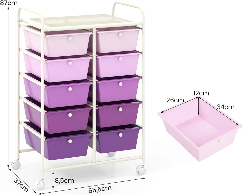 Carrello con 10 cassetti, impilabile, per cassetti, da cucina, bagno, ufficio, 65,5 x 37 x 87 cm (viola)