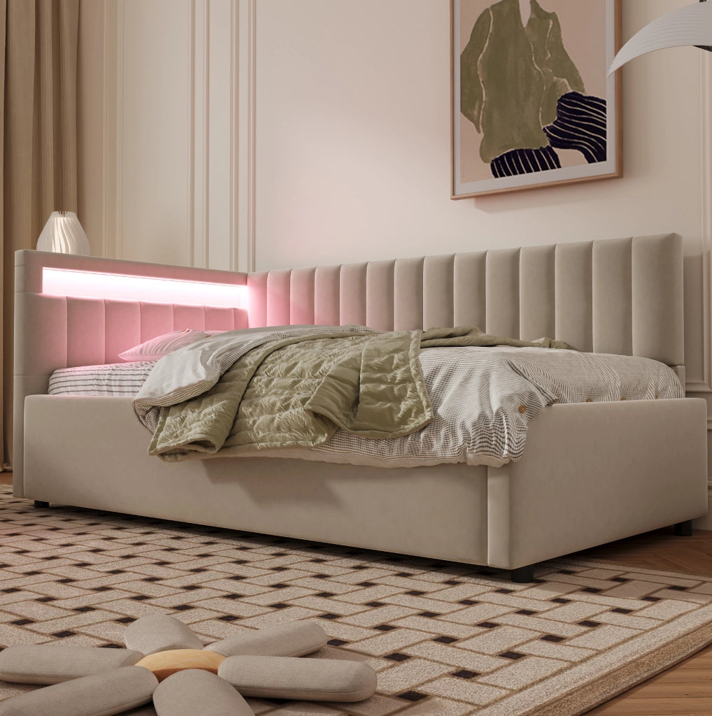 Divano letto imbottito 90x200 in velluto beige con LED e contenitore idraulico
