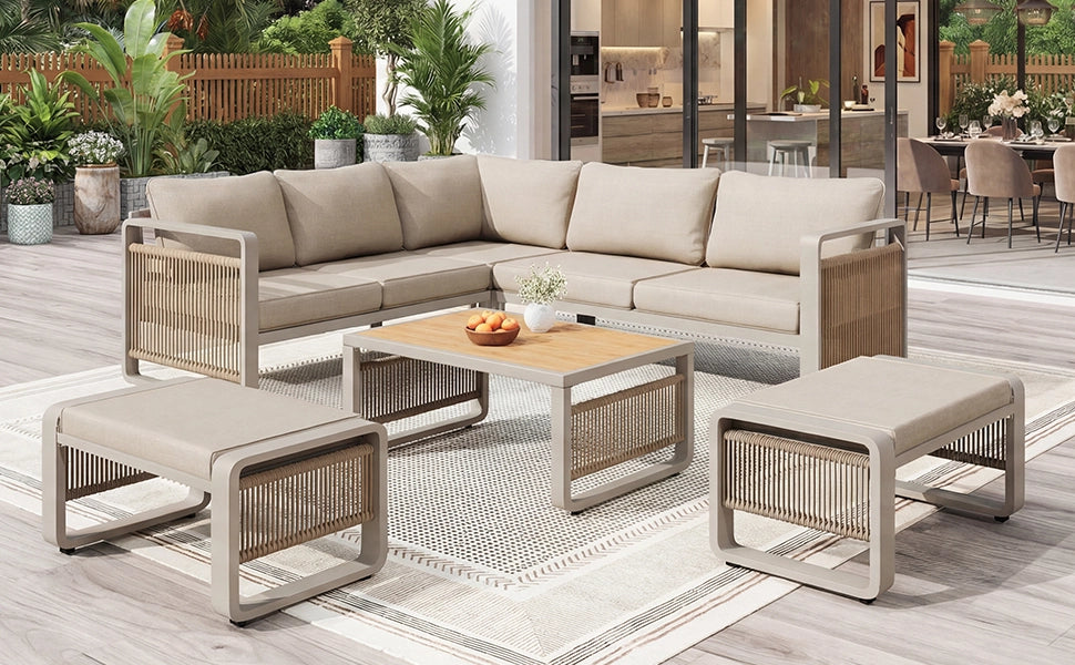 Set poltrone per mobili da giardino set per 6-7 persone divano da giardino in corda intrecciata a mano set d'angolo e poltrona impermeabile in ferro con cuscini morbidi per sedile e schienale piedi regolabili beige