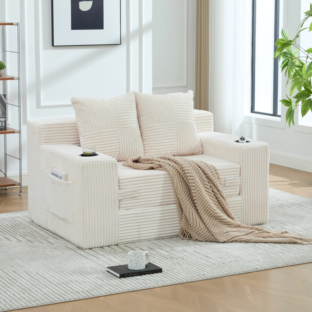 DIVANO Pouf in Velluto a Coste Beige 151x133x64 cm con 2 Cuscini