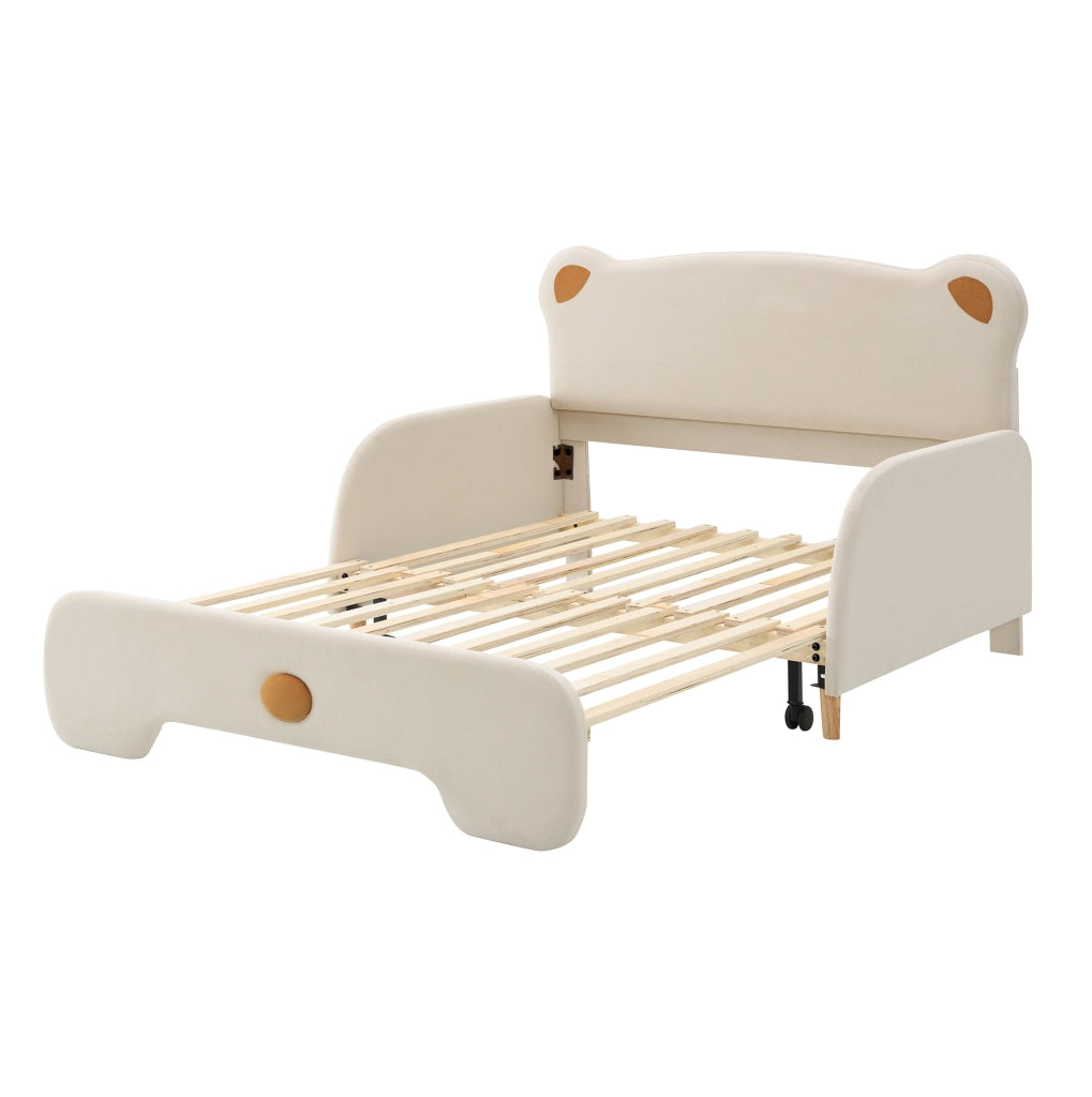 Letto matrimoniale 205x149x106.5 cm con sponde morbide; rete a doghe in legno; velluto beige