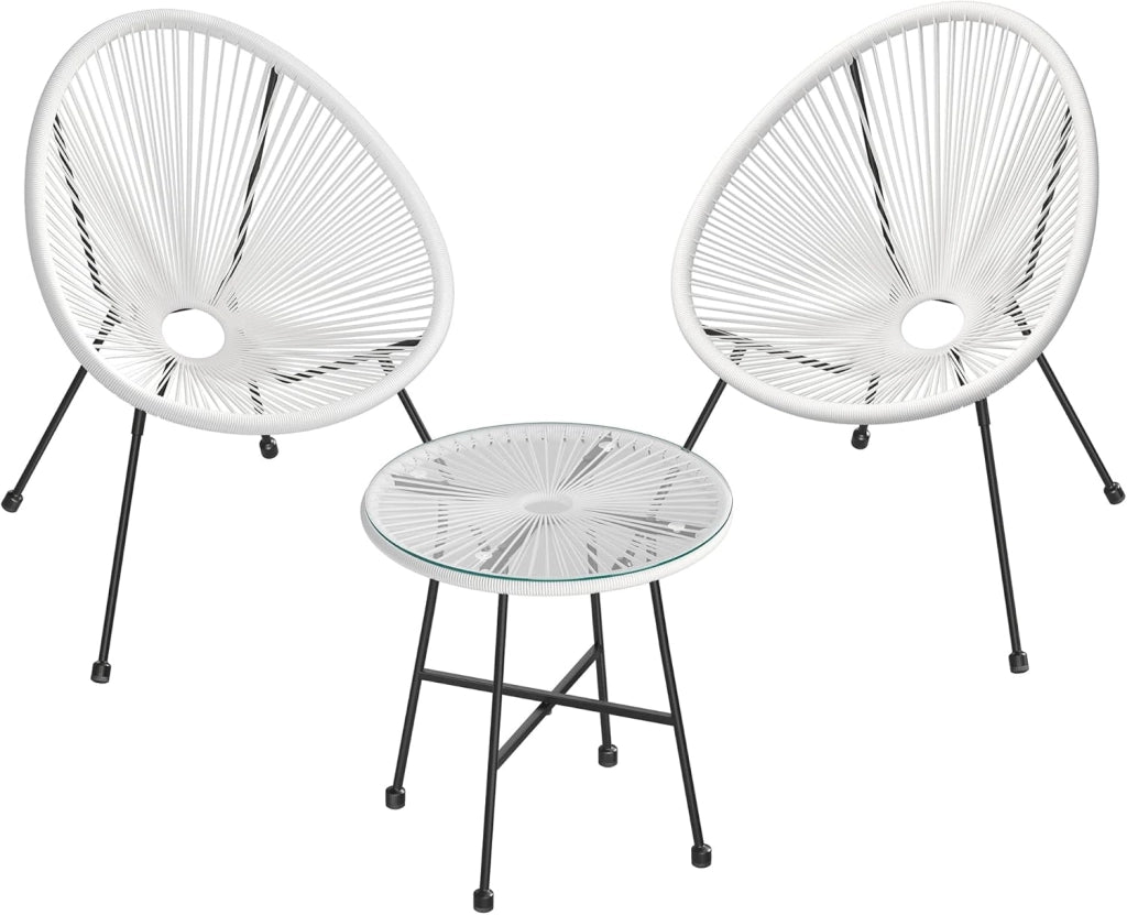 SONGMICS Mobili da Giardino Set 3 Pezzi, Sedia Acapulco, Poltrona da Esterno, Tavolino con Piano in Vetro e 2 Sedie, Set Conversazione per Interni ed Esterni, Bianco GGF013W02