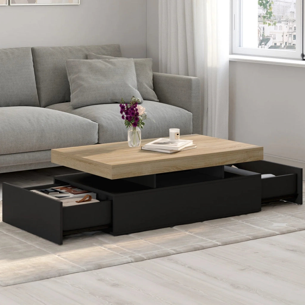 IDMarket - Tavolino rettangolare a 2 cassetti ELSA in legno nero con piano in faggio