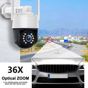 Camera di sicurezza PTZ 5MP con zoom ottico 36x, rotazione 355°, protezione IP66, acqua resistente, esterna, Wi-Fi, porta rete cablata, modalità doppia, conversazione bidirezionale, rilevamento movimento.