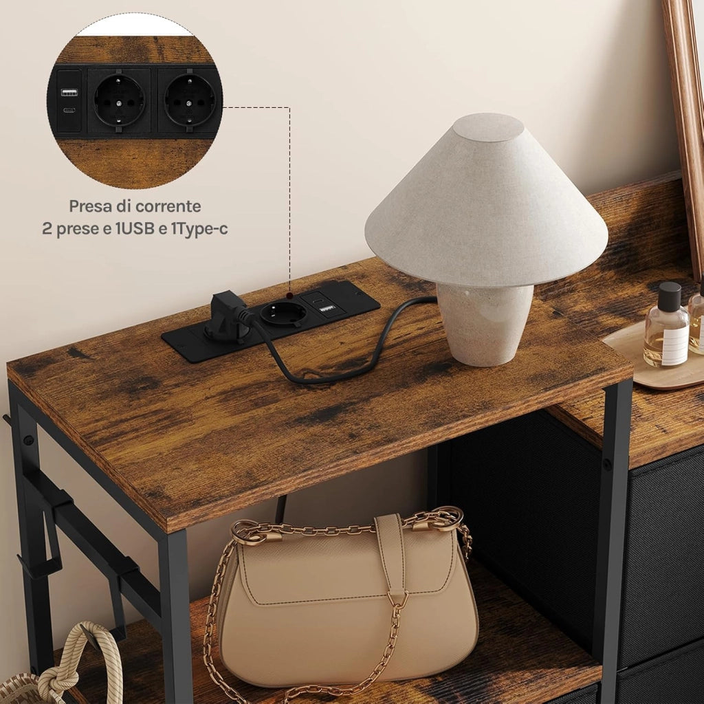 Cassettiera a 8 Cassetti in Tessuto, Cassettiera per Camera da Letto, con Sezione di Ricarica e Ganci, Piani Legno e Struttura in Metallo, Marrone Rustico+Nero