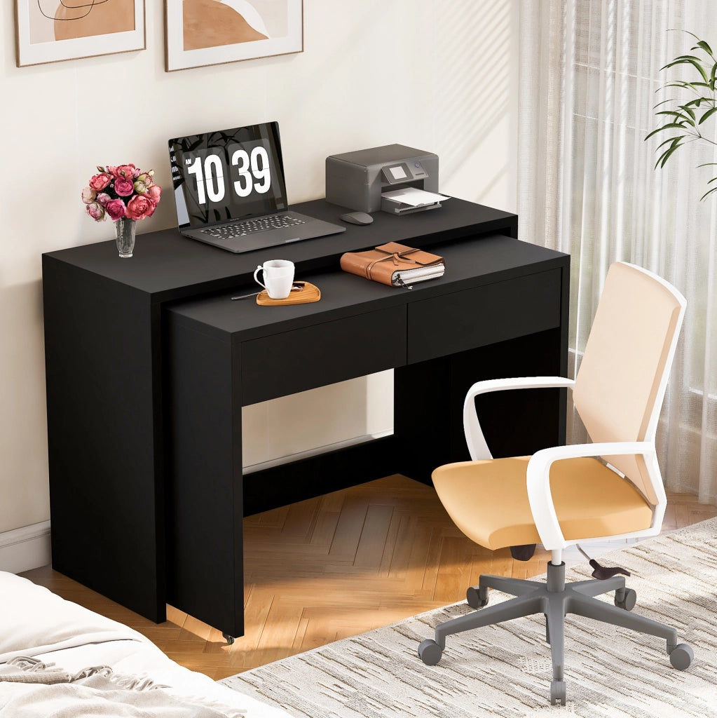 Scrivania 2-in-1 110x40x78 cm pieghevole con ruote in truciolato nero