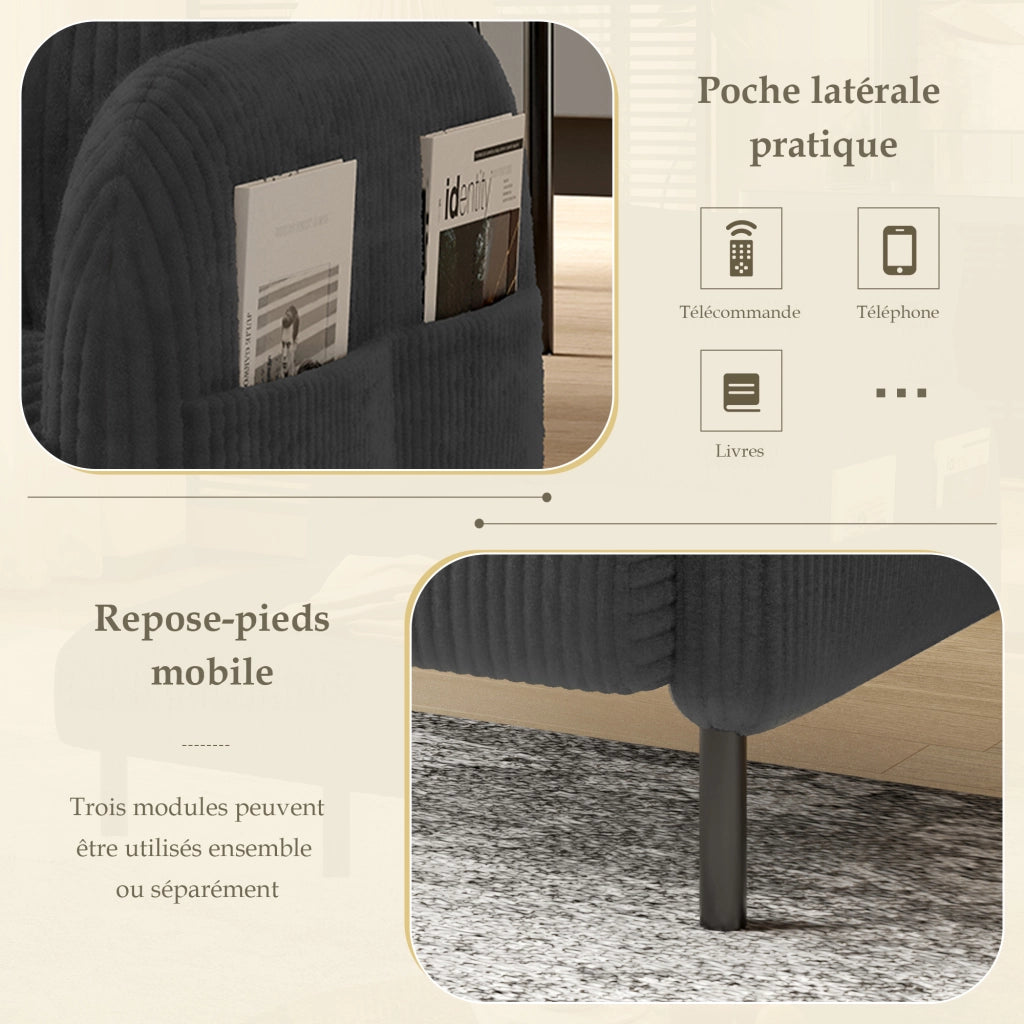 Poltrona Singola con Seduta Profonda e Tasca Laterale Schienale Ergonomico Struttura in Metallo in Velluto a Coste Grigio