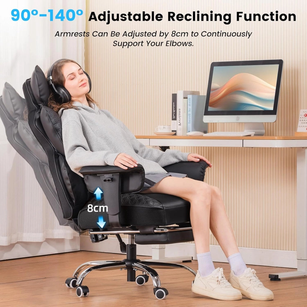 Sedia da ufficio grande e alta, sedia da gioco ergonomica larga 180 kg, con goffratura di lusso, pelle progettata con poggiapiedi, braccioli regolabili a 150°, tasca, molla
