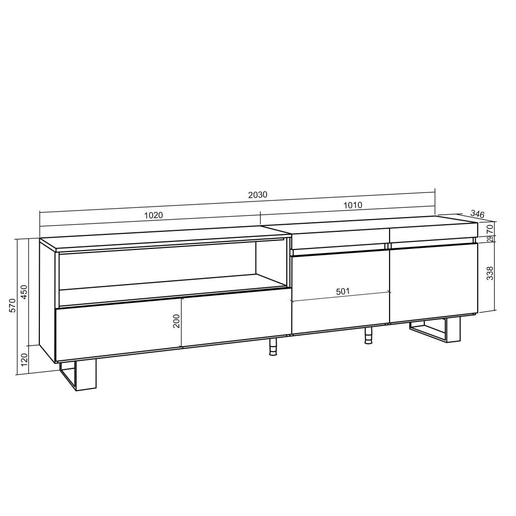 Mobile TV, 200x35x57cm, soggiorno, Per TV fino a 80", Design industriale, colore Rovere e nero RF2143