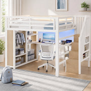 Letto a soppalco 140x200 cm in metallo bianco con scrivania; LED e USB